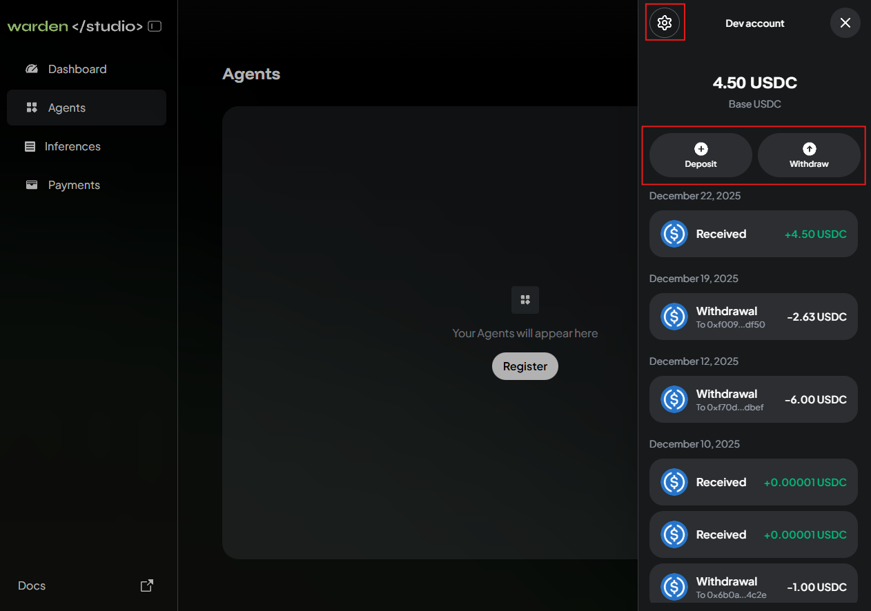 Managing the dev account in Warden Studio